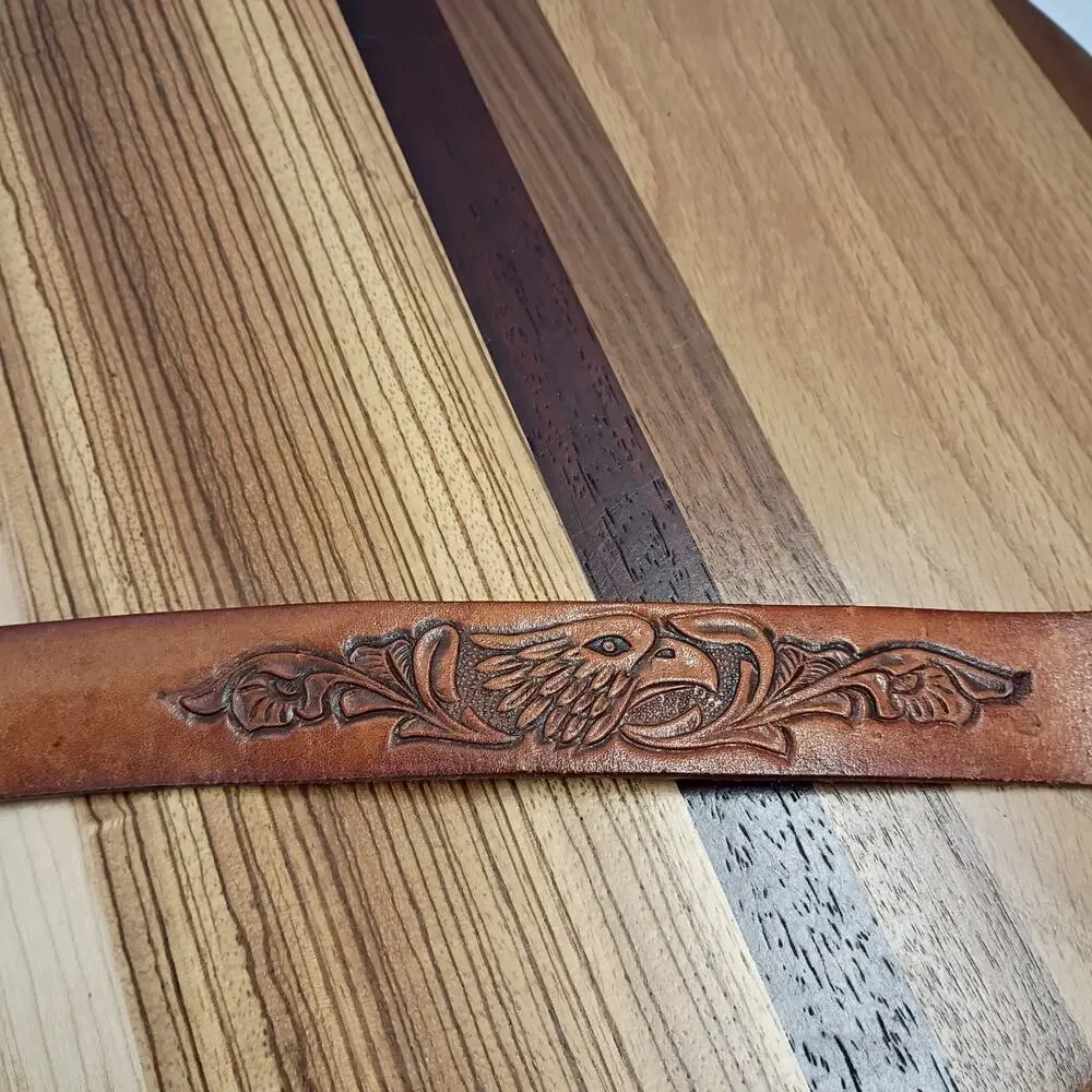Oh Boy! Oberto Beef Jerky Belt Brass Buckle Eagle Tooled Leather Belt Size 40